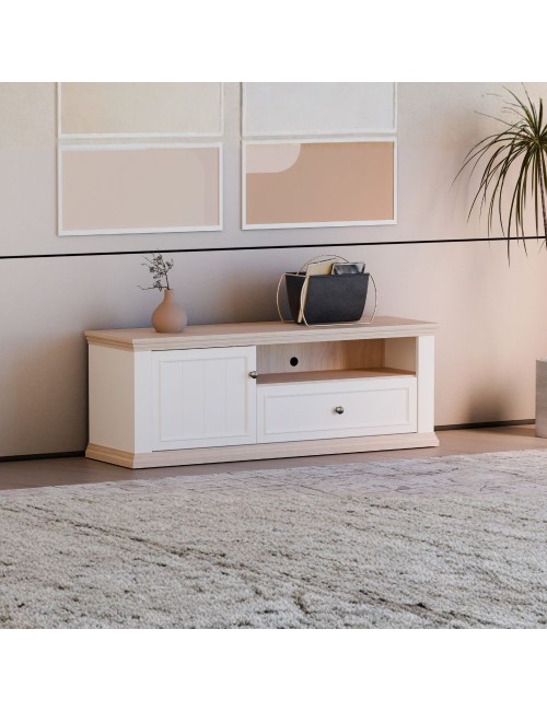 Porta TV Essenza 150 cm Bianco e Rovere con Anta, Cassetto e Vano a Giorno – Stile Classico Moderno