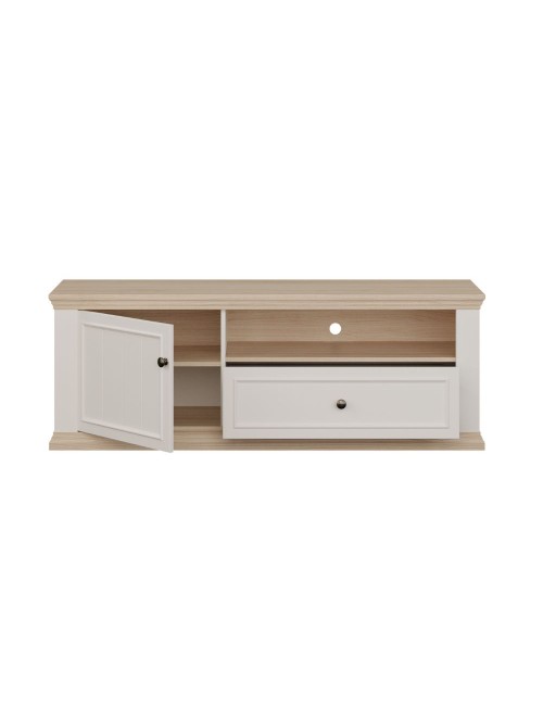 Porta TV Essenza 150 cm Bianco e Rovere con Anta, Cassetto e Vano a Giorno – Stile Classico Moderno