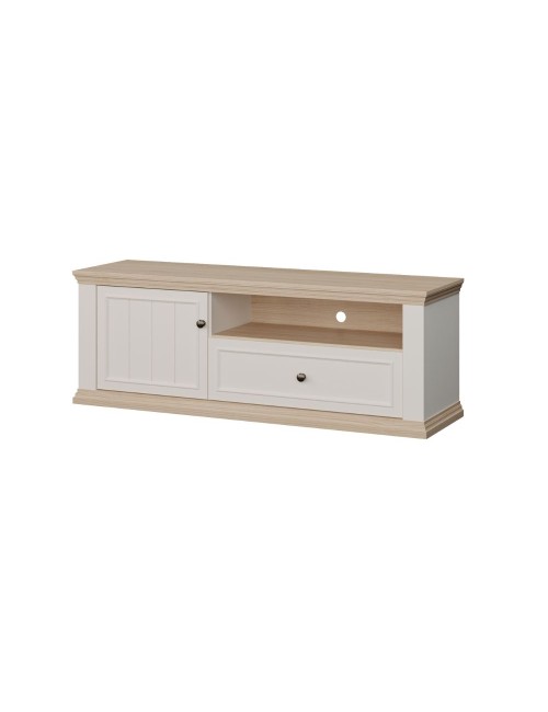 Porta TV Essenza 150 cm Bianco e Rovere con Anta, Cassetto e Vano a Giorno – Stile Classico Moderno