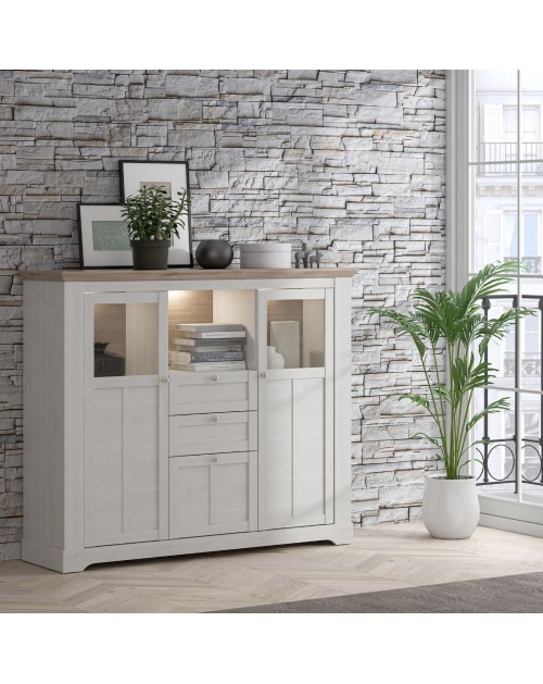 Credenza Forma 3 Ante con Vetro Temperato e Luci LED Rovere Bianco Neve e Olmo Scuro – Design Luminoso