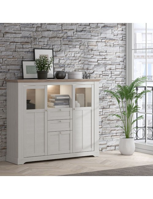 Credenza Forma 3 Ante con Vetro Temperato e Luci LED Rovere Bianco Neve e Olmo Scuro – Design Luminoso