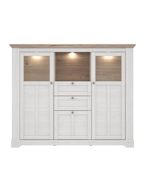 Credenza Forma 3 Ante con Vetro Temperato e Luci LED Rovere Bianco Neve e Olmo Scuro – Design Luminoso