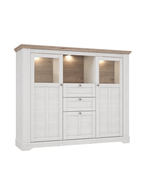 Credenza Forma 3 Ante con Vetro Temperato e Luci LED Rovere Bianco Neve e Olmo Scuro – Design Luminoso