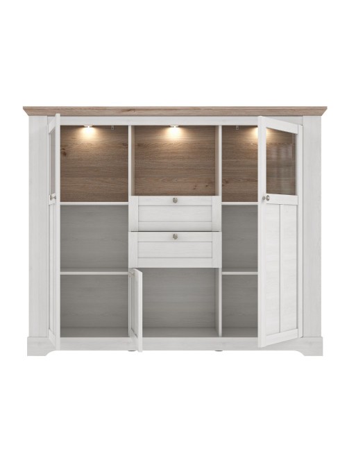 Credenza Forma 3 Ante con Vetro Temperato e Luci LED Rovere Bianco Neve e Olmo Scuro – Design Luminoso