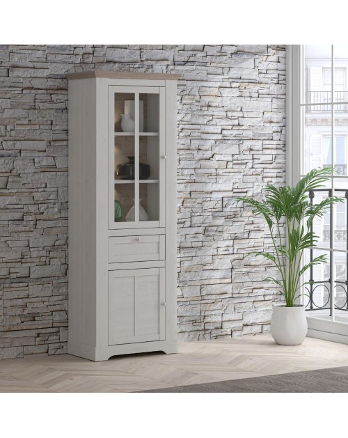 Vetrina Forma 2 Ante con Cassetto e Luci LED Rovere Bianco Neve e Olmo Scuro – Compatta e Raffinata