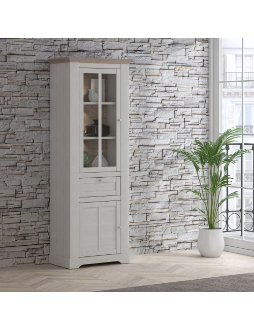Vetrina Forma 2 Ante con Cassetto e Luci LED Rovere Bianco Neve e Olmo Scuro – Compatta e Raffinata