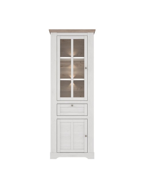 Vetrina Forma 2 Ante con Cassetto e Luci LED Rovere Bianco Neve e Olmo Scuro – Compatta e Raffinata