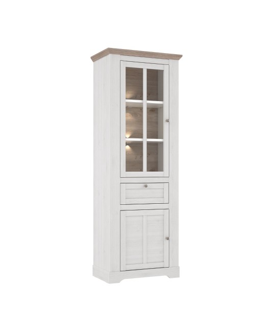 Vetrina Forma 2 Ante con Cassetto e Luci LED Rovere Bianco Neve e Olmo Scuro – Compatta e Raffinata