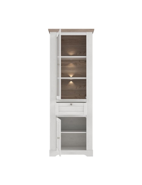 Vetrina Forma 2 Ante con Cassetto e Luci LED Rovere Bianco Neve e Olmo Scuro – Compatta e Raffinata