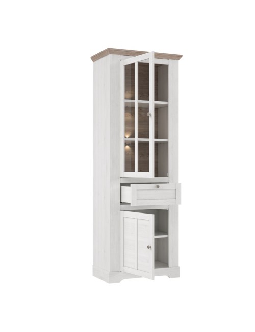 Vetrina Forma 2 Ante con Cassetto e Luci LED Rovere Bianco Neve e Olmo Scuro – Compatta e Raffinata