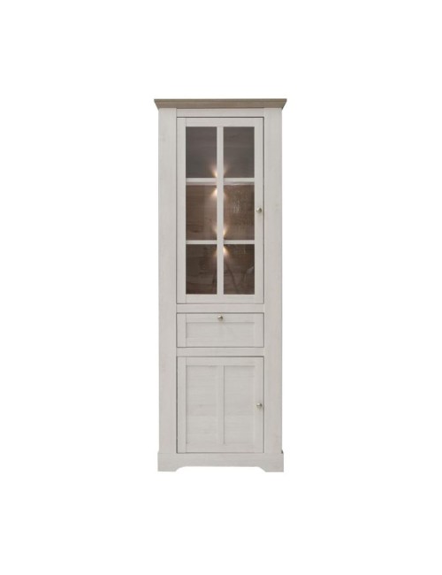 Vetrina Forma 2 Ante con Cassetto e Luci LED Rovere Bianco Neve e Olmo Scuro – Compatta e Raffinata