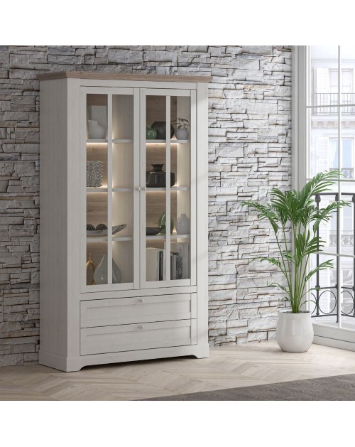 Vetrina Forma 2 Ante con Vetro, 2 Cassetti e Luci LED Rovere Bianco Neve e Olmo Scuro – Esposizione di Grande Impatto