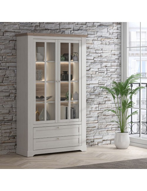 Vetrina Forma 2 Ante con Vetro, 2 Cassetti e Luci LED Rovere Bianco Neve e Olmo Scuro – Esposizione di Grande Impatto