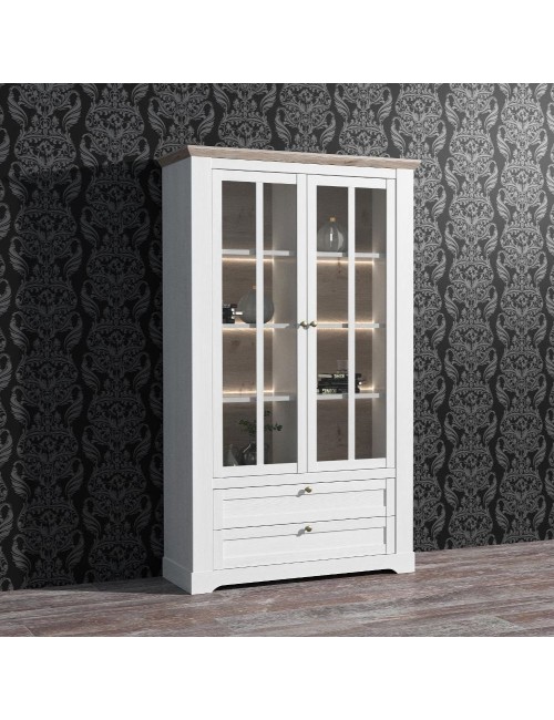 Vetrina Forma 2 Ante con Vetro, 2 Cassetti e Luci LED Rovere Bianco Neve e Olmo Scuro – Esposizione di Grande Impatto