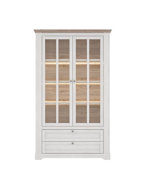 Vetrina Forma 2 Ante con Vetro, 2 Cassetti e Luci LED Rovere Bianco Neve e Olmo Scuro – Esposizione di Grande Impatto