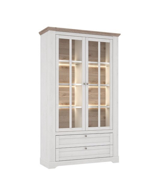 Vetrina Forma 2 Ante con Vetro, 2 Cassetti e Luci LED Rovere Bianco Neve e Olmo Scuro – Esposizione di Grande Impatto