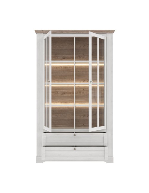 Vetrina Forma 2 Ante con Vetro, 2 Cassetti e Luci LED Rovere Bianco Neve e Olmo Scuro – Esposizione di Grande Impatto