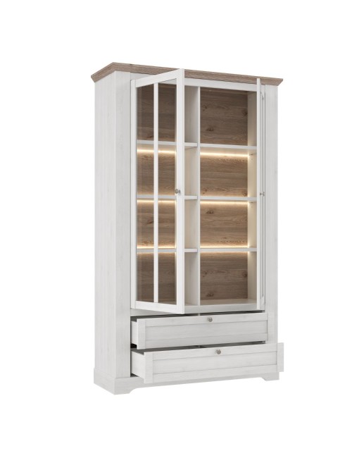 Vetrina Forma 2 Ante con Vetro, 2 Cassetti e Luci LED Rovere Bianco Neve e Olmo Scuro – Esposizione di Grande Impatto