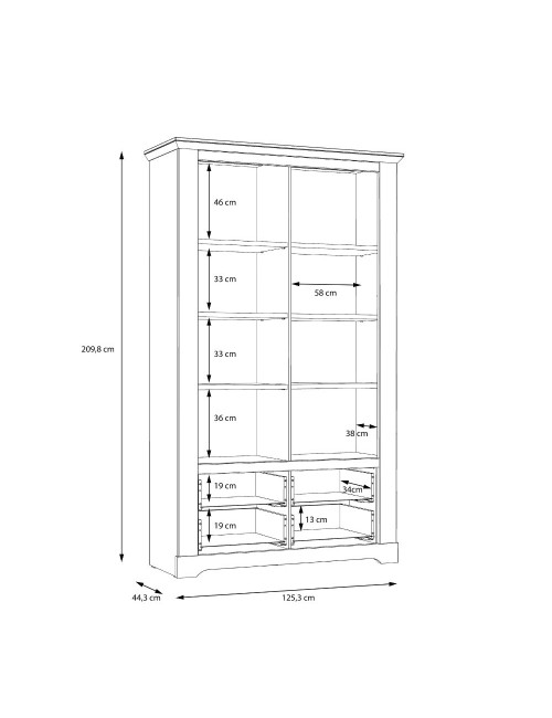 Vetrina Forma 2 Ante con Vetro, 2 Cassetti e Luci LED Rovere Bianco Neve e Olmo Scuro – Esposizione di Grande Impatto