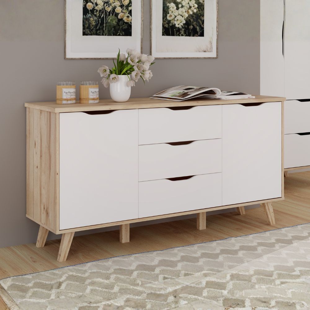 Madia Axis 2 Ante e 3 Cassetti Rovere e Bianco 149 cm – Design Moderno e Funzionalità Quotidiana