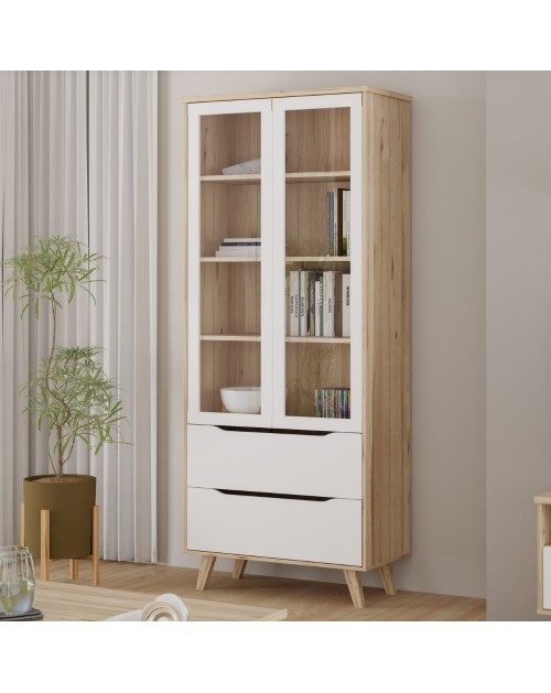 Vetrina Axis 2 Ante in Vetro e 2 Cassetti Rovere e Bianco – Eleganza Moderna e Massima Luminosità