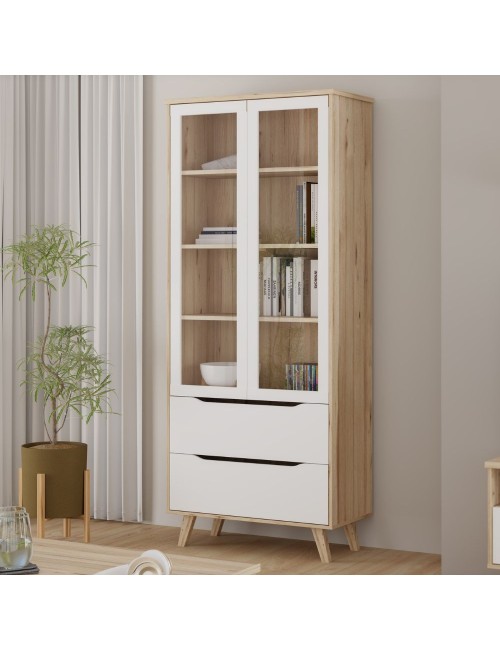 Vetrina Axis 2 Ante in Vetro e 2 Cassetti Rovere e Bianco – Eleganza Moderna e Massima Luminosità