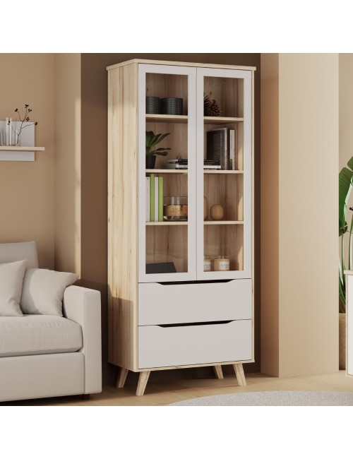 Vetrina Axis 2 Ante in Vetro e 2 Cassetti Rovere e Bianco – Eleganza Moderna e Massima Luminosità
