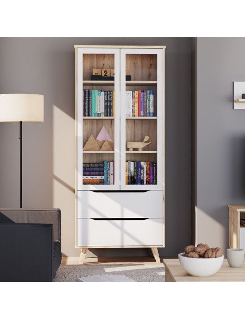 Vetrina Axis 2 Ante in Vetro e 2 Cassetti Rovere e Bianco – Eleganza Moderna e Massima Luminosità