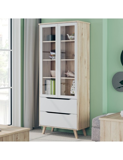 Vetrina Axis 2 Ante in Vetro e 2 Cassetti Rovere e Bianco – Eleganza Moderna e Massima Luminosità
