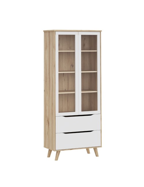 Vetrina Axis 2 Ante in Vetro e 2 Cassetti Rovere e Bianco – Eleganza Moderna e Massima Luminosità