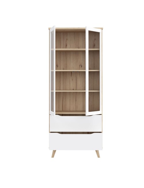 Vetrina Axis 2 Ante in Vetro e 2 Cassetti Rovere e Bianco – Eleganza Moderna e Massima Luminosità