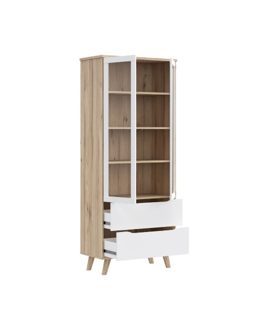 Vetrina Axis 2 Ante in Vetro e 2 Cassetti Rovere e Bianco – Eleganza Moderna e Massima Luminosità