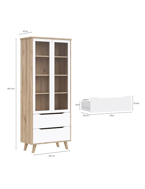 Vetrina Axis 2 Ante in Vetro e 2 Cassetti Rovere e Bianco – Eleganza Moderna e Massima Luminosità
