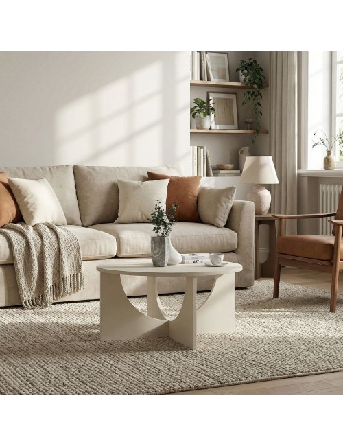 Tavolino da Salotto Lemmar Rotondo Cashmere con Base a Croce e Intagli ad Arco