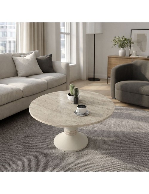 Tavolino Rotondo da Salotto Lepper Travertino e Cashmere con Dettaglio Circolare