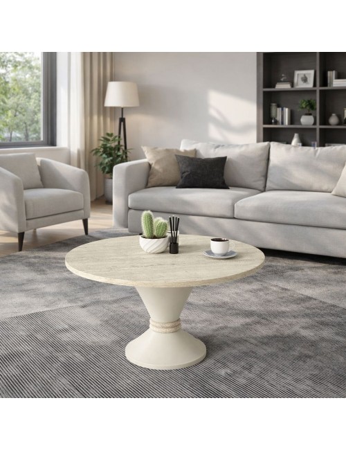 Tavolino Rotondo da Salotto Lepper Travertino e Cashmere con Dettaglio Circolare