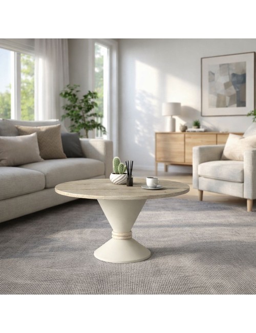 Tavolino Rotondo da Salotto Lepper Travertino e Cashmere con Dettaglio Circolare