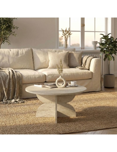 Tavolino Rotondo da Salotto Mara Effetto Travertino con Base Geometrica