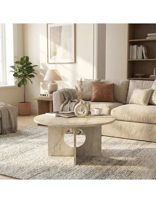 Tavolino Rotondo da Salotto Mara Effetto Travertino con Base Geometrica