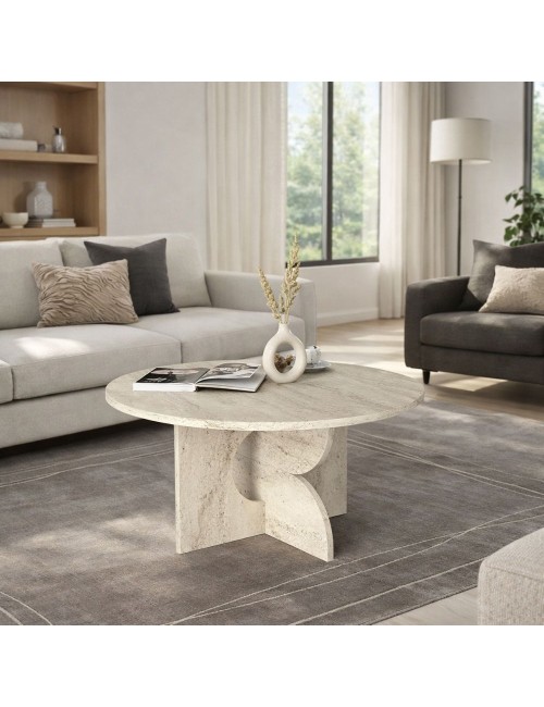 Tavolino Rotondo da Salotto Mara Effetto Travertino con Base Geometrica