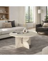 Tavolino Rotondo da Salotto Mara Effetto Travertino con Base Geometrica
