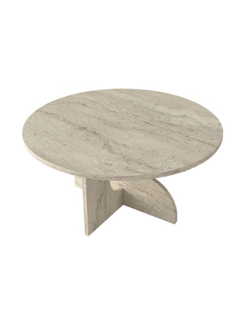 Tavolino Rotondo da Salotto Mara Effetto Travertino con Base Geometrica