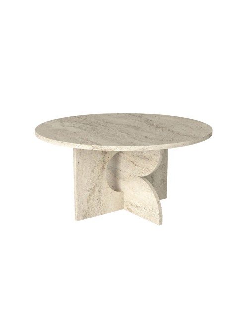 Tavolino Rotondo da Salotto Mara Effetto Travertino con Base Geometrica