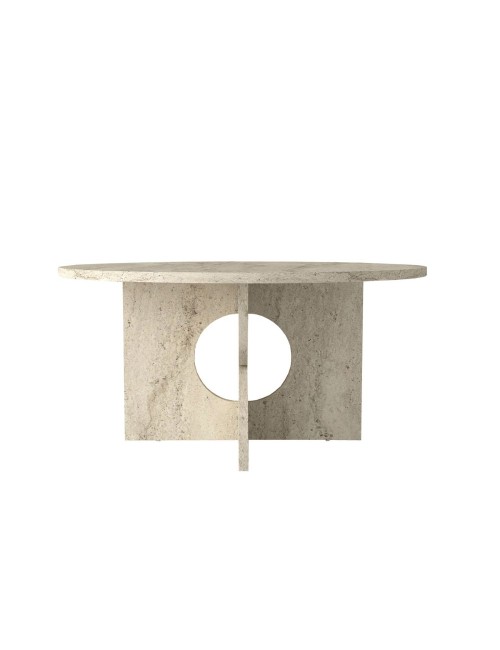 Tavolino Rotondo da Salotto Mara Effetto Travertino con Base Geometrica