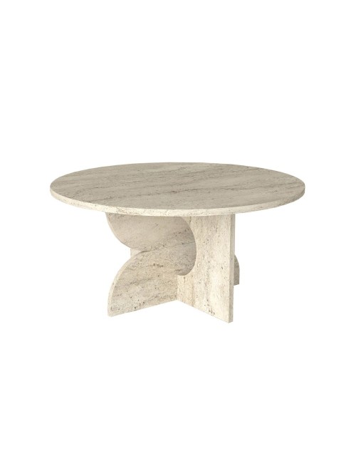 Tavolino Rotondo da Salotto Mara Effetto Travertino con Base Geometrica