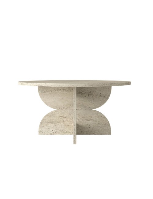 Tavolino Rotondo da Salotto Mara Effetto Travertino con Base Geometrica