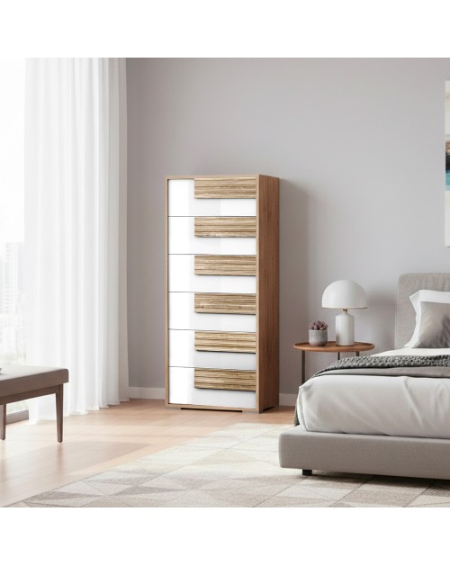 Settimino Selva 6 Cassetti rovere caramello e Bianco lucido – Calore e design contemporaneo
