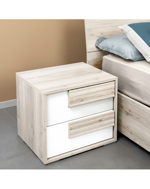 Comodino Selva 2 Cassetti rovere sbiancato e Bianco Lucido – Luminosità e design