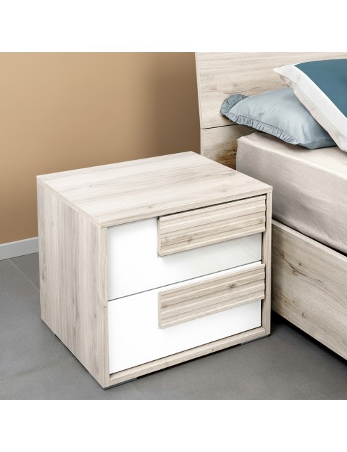 Comodino Selva 2 Cassetti rovere sbiancato e Bianco Lucido – Luminosità e design