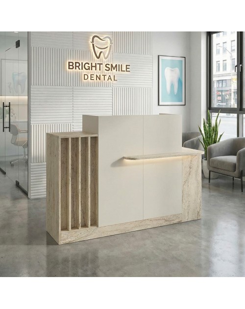 Bancone Reception Dayana 150 cm Cashmere e Travertino con LED – Design Moderno